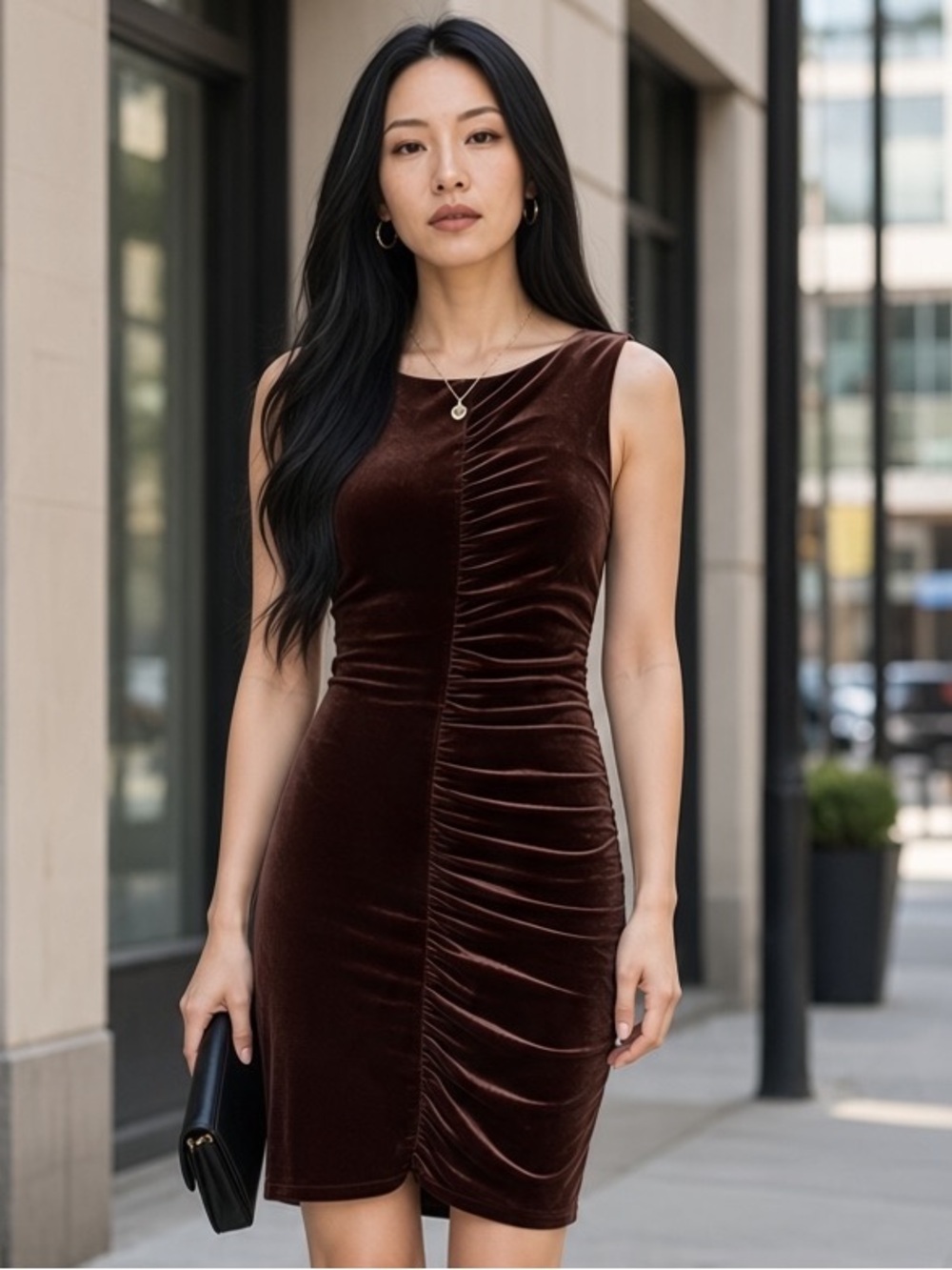 NWT CALVIN KLEIN VELVET RUCHED MINI FESTIVE DRESS IN Chocolate Brown SZ-4